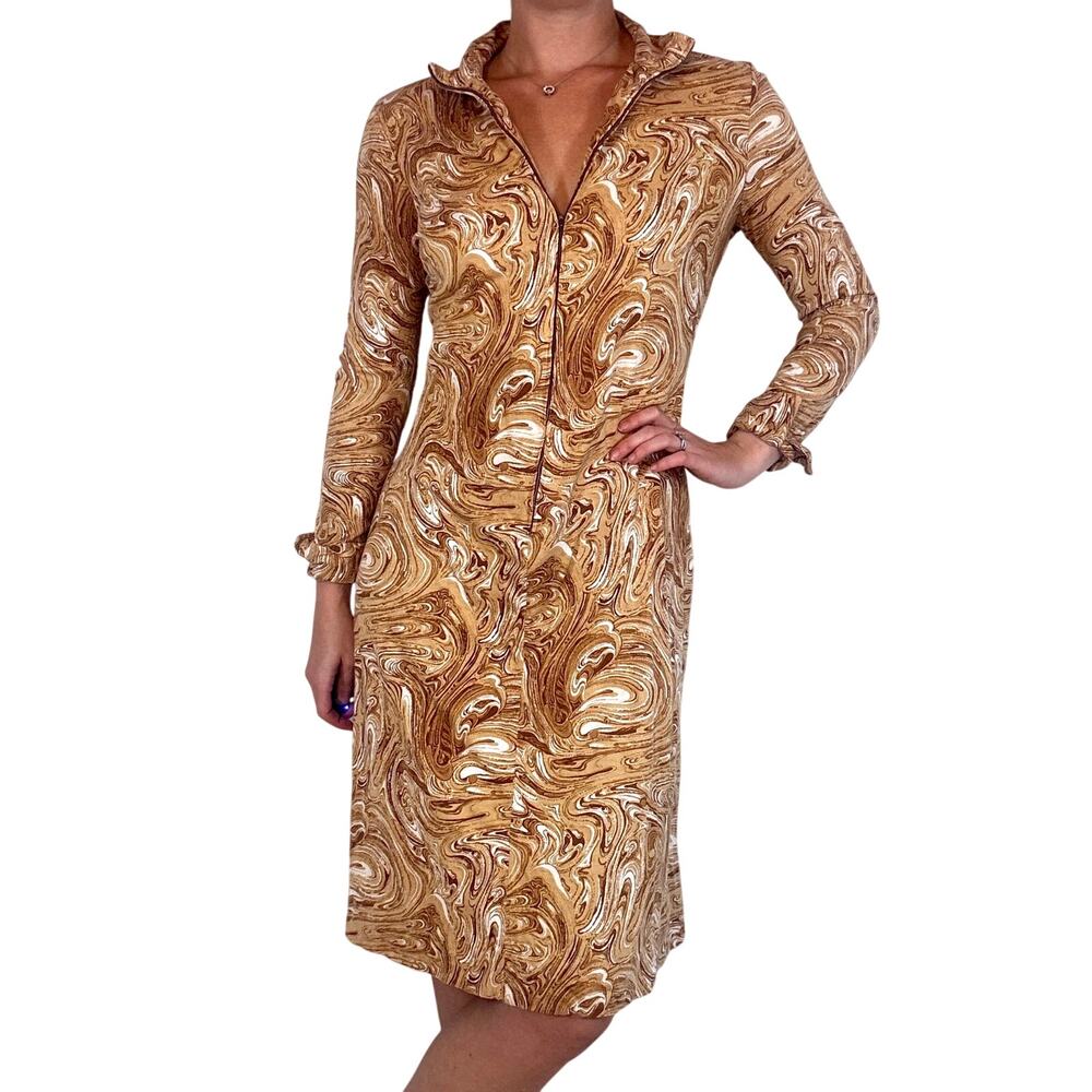 Vintage 1970s Diane Von Furstenberg Swirl Print Jersey Dress Zip Front DVF 12